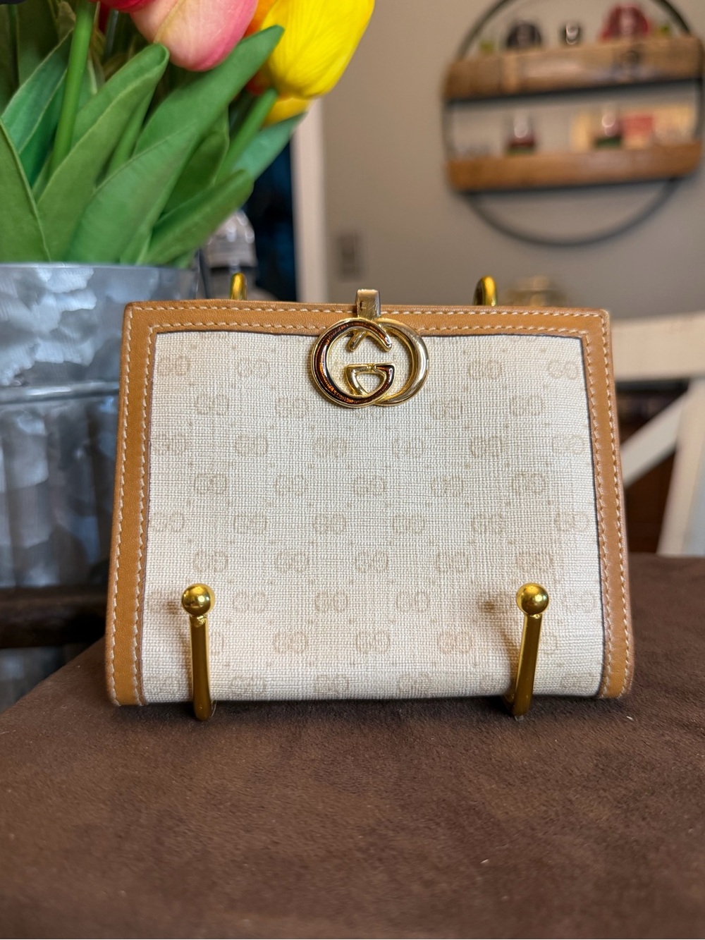 Gucci Beige and Tan GG Compact Wallet with Gold Hardware